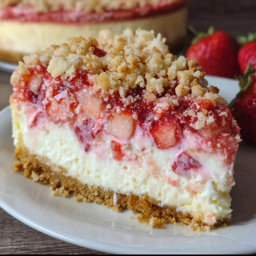Ultimate Strawberry Crunch Cheesecake with Golden Cookie Crust and Fresh Berry Topping